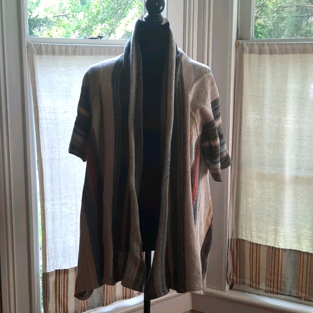 Open-Front Knit Poncho Shrug in Neutral Stripes